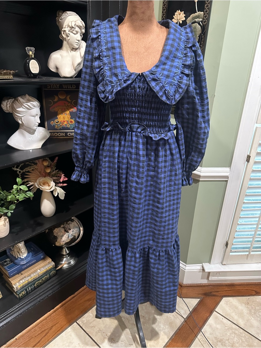 MANGO Blue & Black Gingham Smocked Babydoll Dress – Size 2